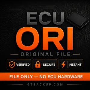 Brand logo for ECU ORI Original File on a circuit-board background; features badges 'Verified,' 'Secure,' 'Instant' and a bold orange banner reading 'File Only — No ECU Hardware' with gtbackup.com.