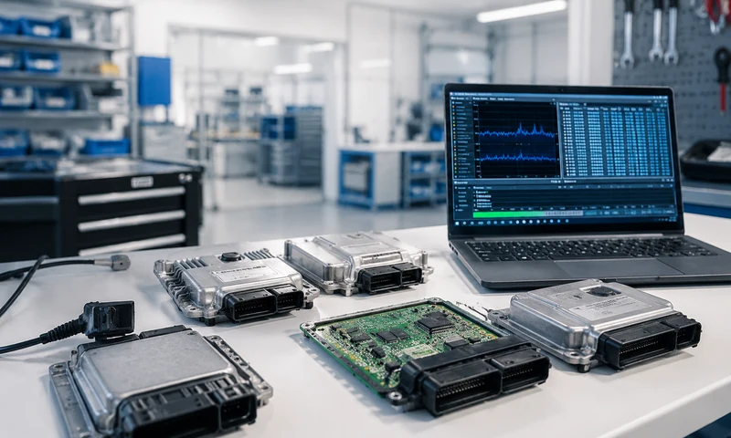 Automotive engine control modules on a workbench with a laptop displaying diagnostic graphs in a workshop setting.