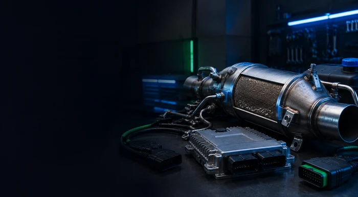 Industrial engine-like component with metallic tubing and an electronic control unit on a dark lab bench, illuminated by blue neon lighting.