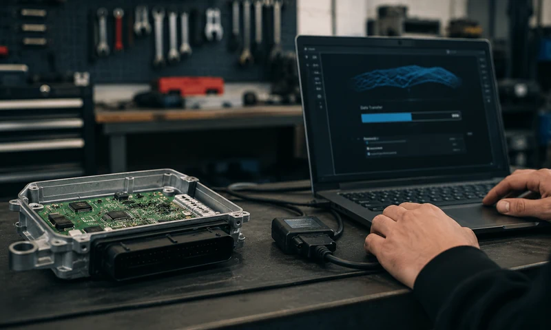 Laptop displaying diagnostic software beside an exposed automotive control module on a workbench.