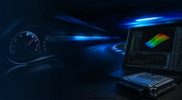 Telemetry setup: car speedometer beside a rugged laptop displaying charts in a blue-lit tunnel.