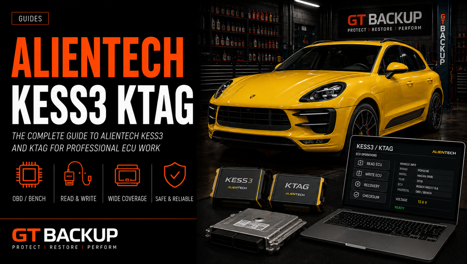 Alientech KESS3 and K-TAG ECU programming tools in a professional automotive workshop