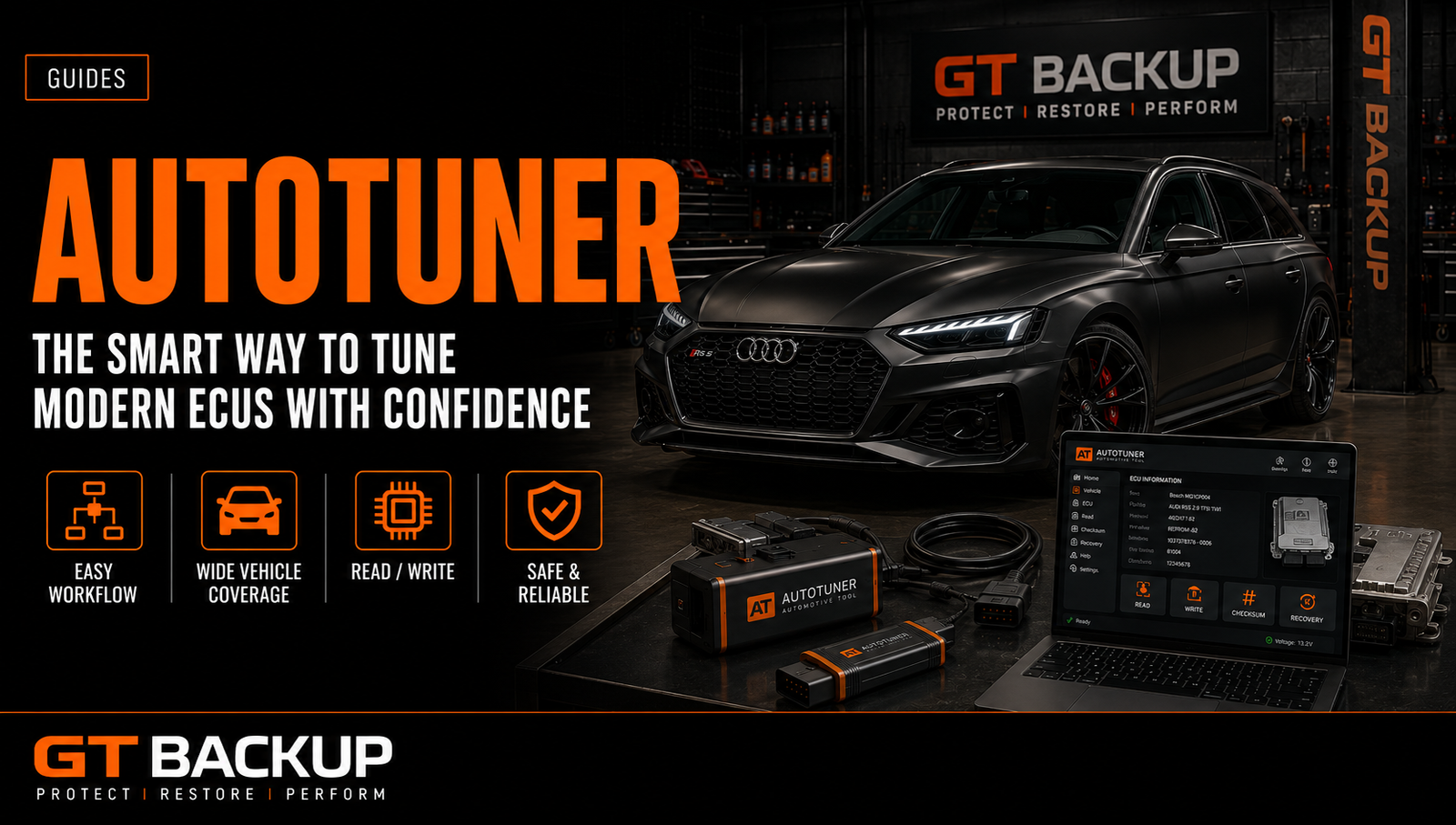 Autotuner ECU programming tool with Audi RS5 in a professional workshop