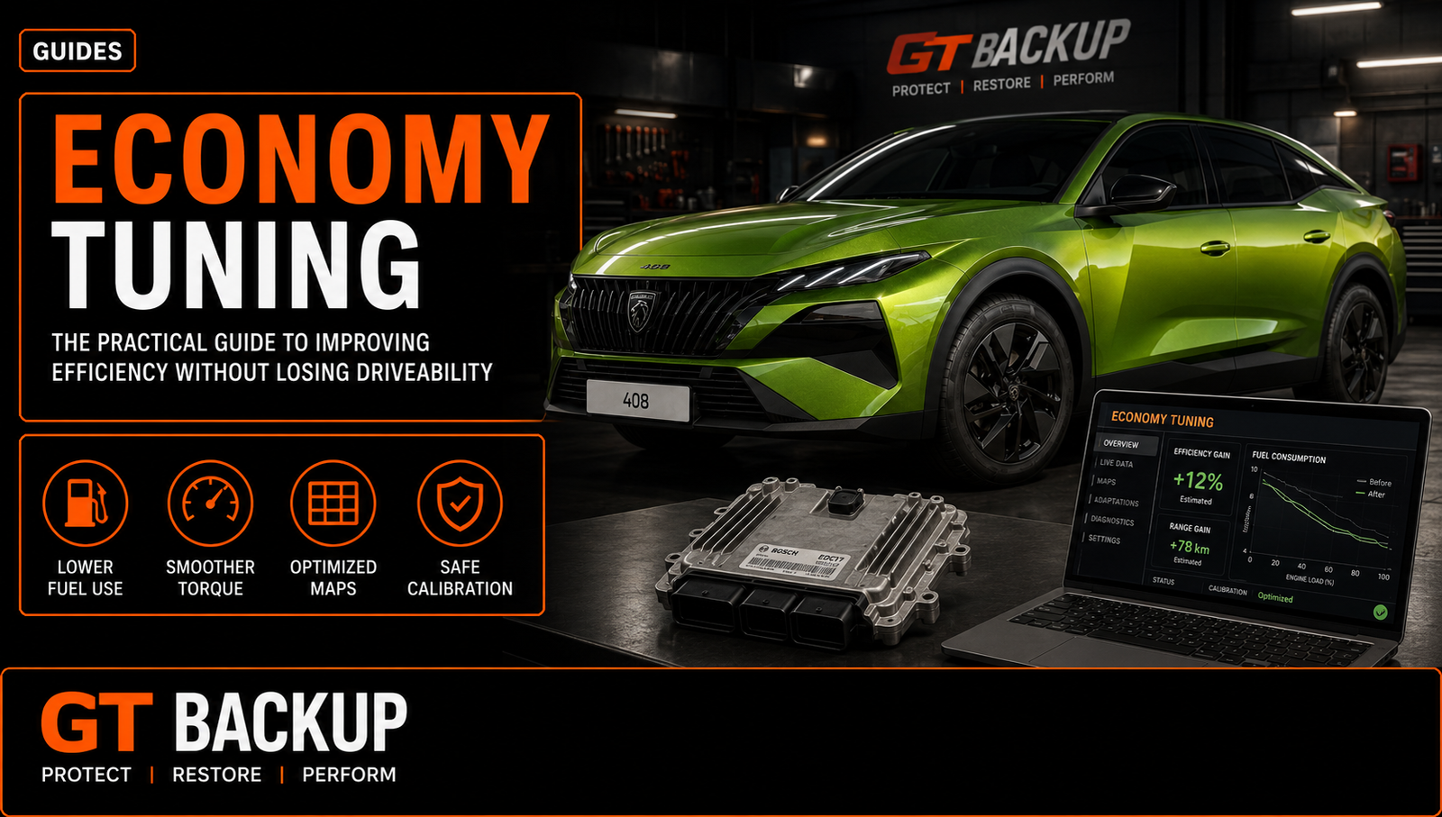 Green sporty car in a workshop with a laptop showing Economy Tuning metrics and an engine control module on the desk.