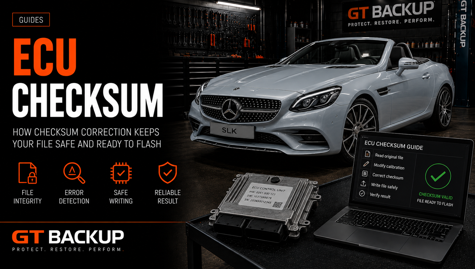 White Mercedes roadster in a workshop next to a laptop showing an ECU checksum guide and tool icons on a workstation.