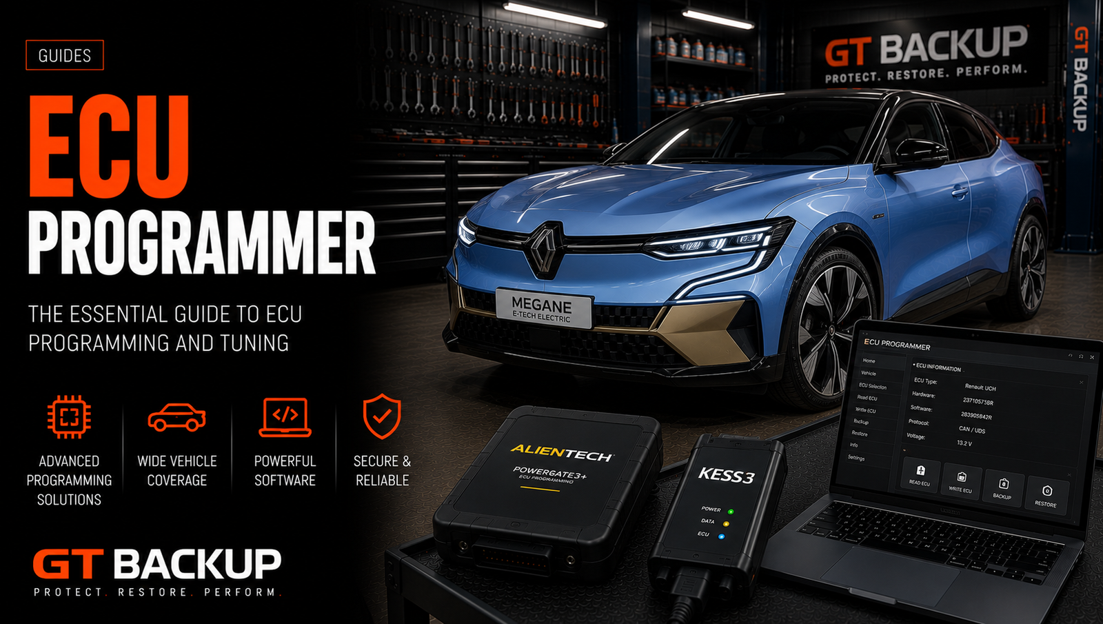 Blue Renault Megane E-Tech in a workshop with ECU programmer hardware and a laptop displaying ECU software.