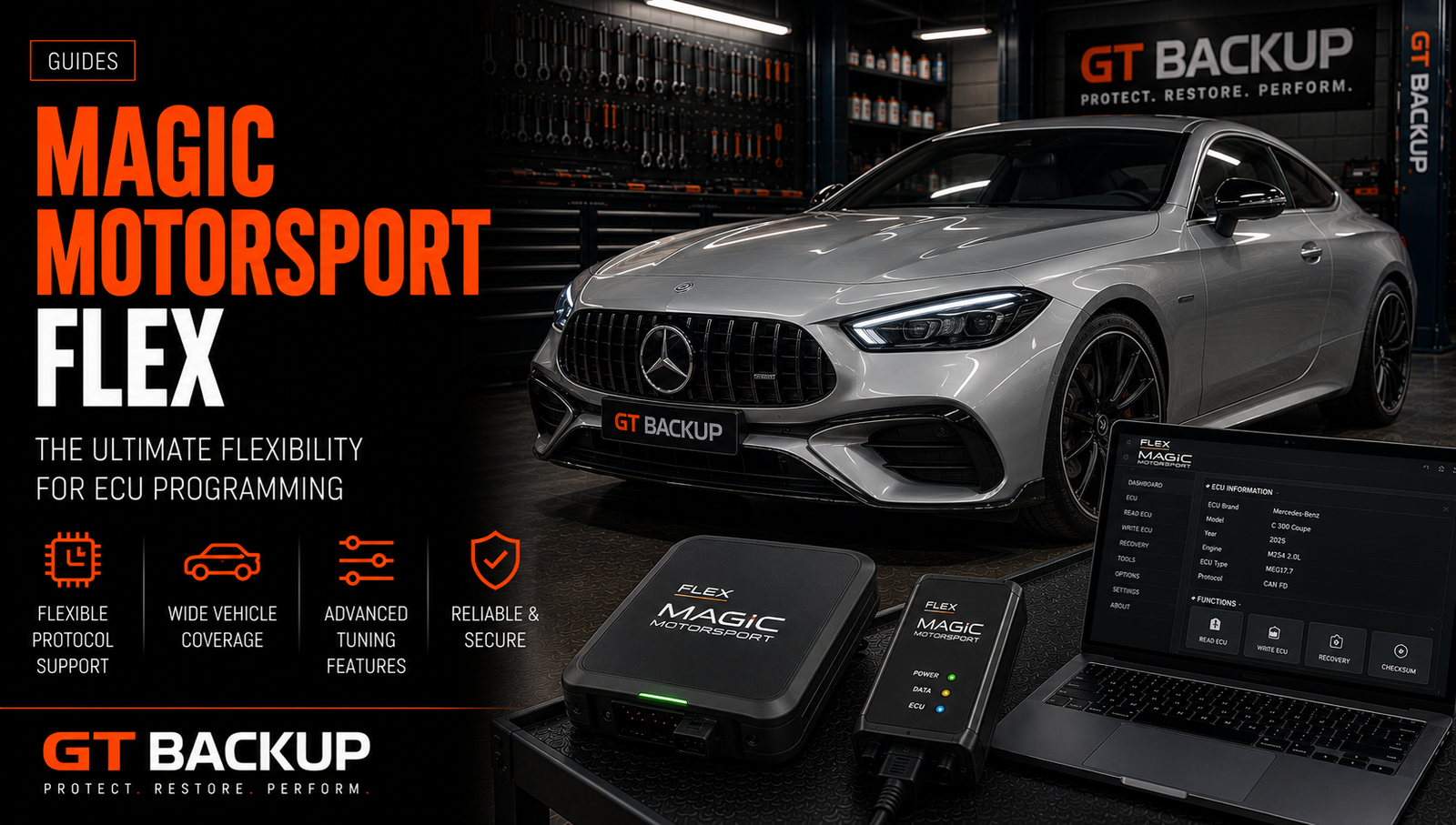 Hero banner showing a silver Mercedes coupe in a workshop with tools; large orange 'Magic Motorsport Flex' text and GT Backup branding, plus a laptop and diagnostic device in the foreground (informational).
