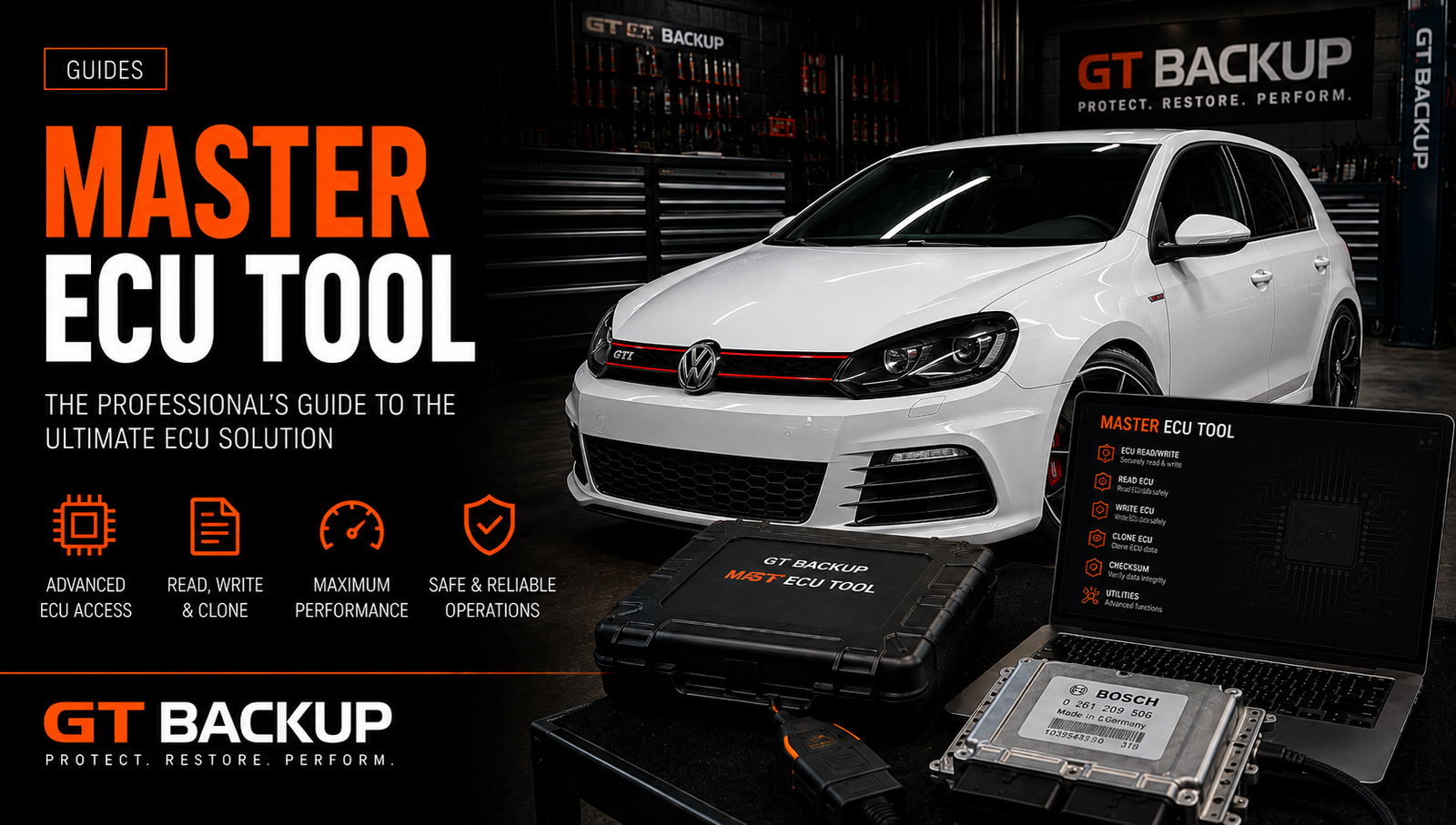 Promotional banner for GT Backup: white VW car with orange-accent branding, showcasing Master ECU Tool and hardware in a workshop setting.