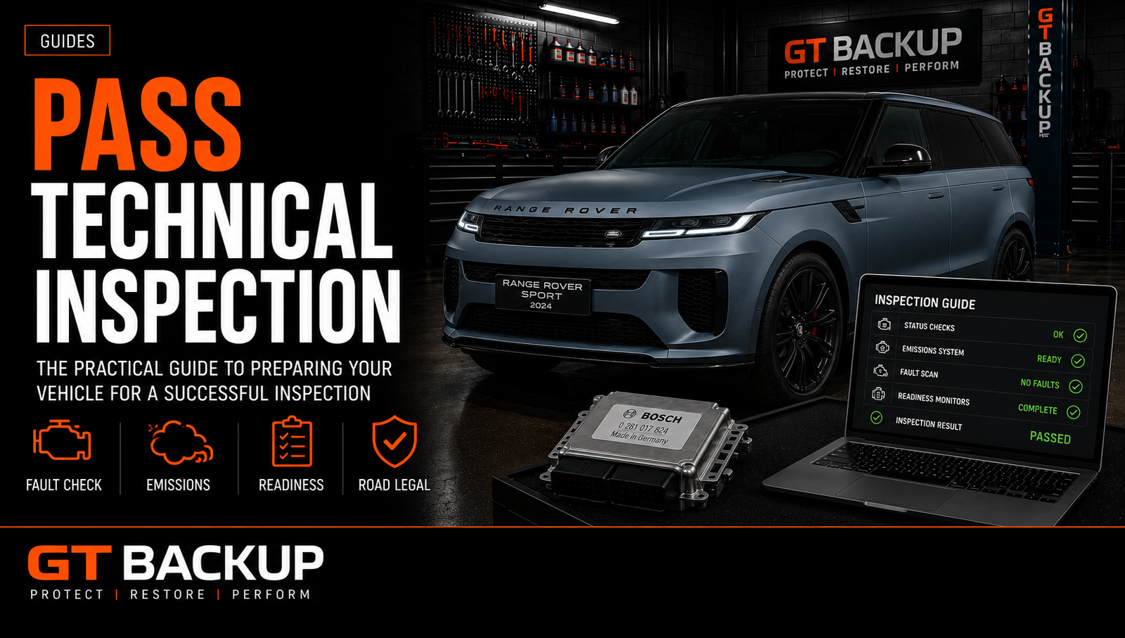Vehicle technical inspection with factory ECU calibration and emissions system checks