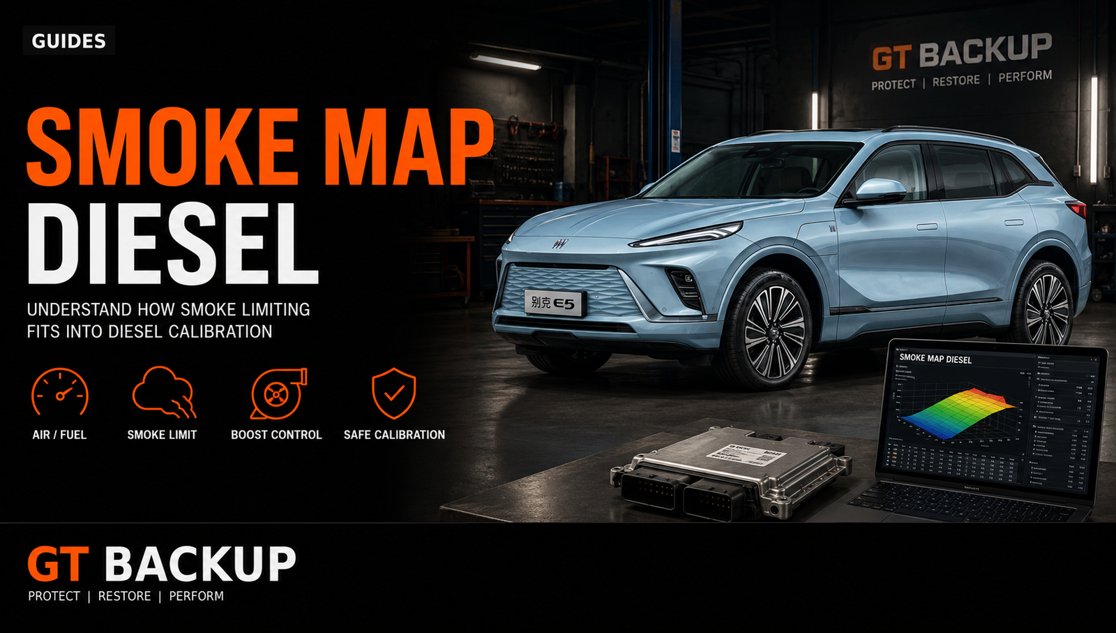 Promotional banner for GT Backup: blue SUV in a garage with a laptop showing a 3D chart and the bold orange text 'SMOKE MAP DIESEL'. The scene also highlights workshop icons for calibration features.