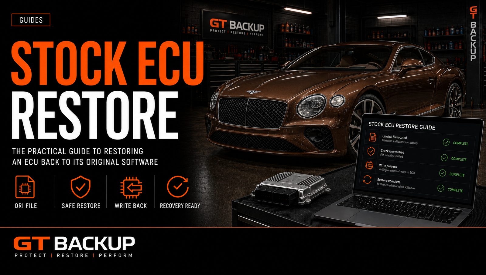 Promotional banner for GT Backup: stock ECU restore with a brown luxury car, laptop showing the restore guide, and service icons in orange.