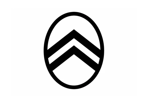 Logo: black oval with two stacked chevrons inside.