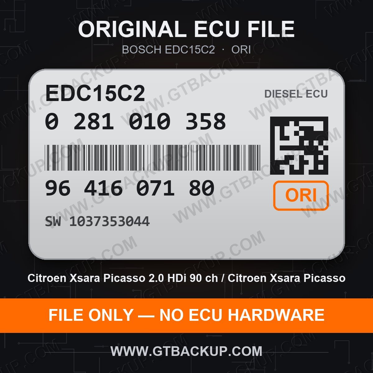 EDC15C2 0281010358 1037353044 – Bosch ECU label, PSA 9641607180 – Citroën Xsara Picasso 2.0 HDi