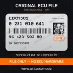 EDC15C2 0281010641 1037353491 ORI – Bosch ECU label, PSA 9642350280 – Citroën C5 2.2 HDi