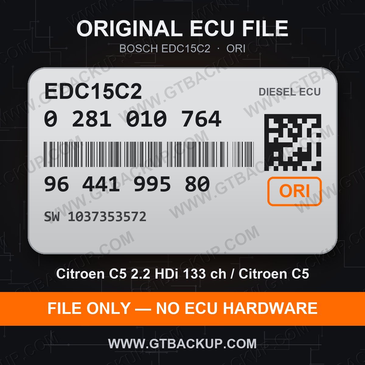 EDC15C2 0281010764 1037353572 ORI – Bosch ECU label, PSA 9644199580 – Citroën C5 2.2 HDi