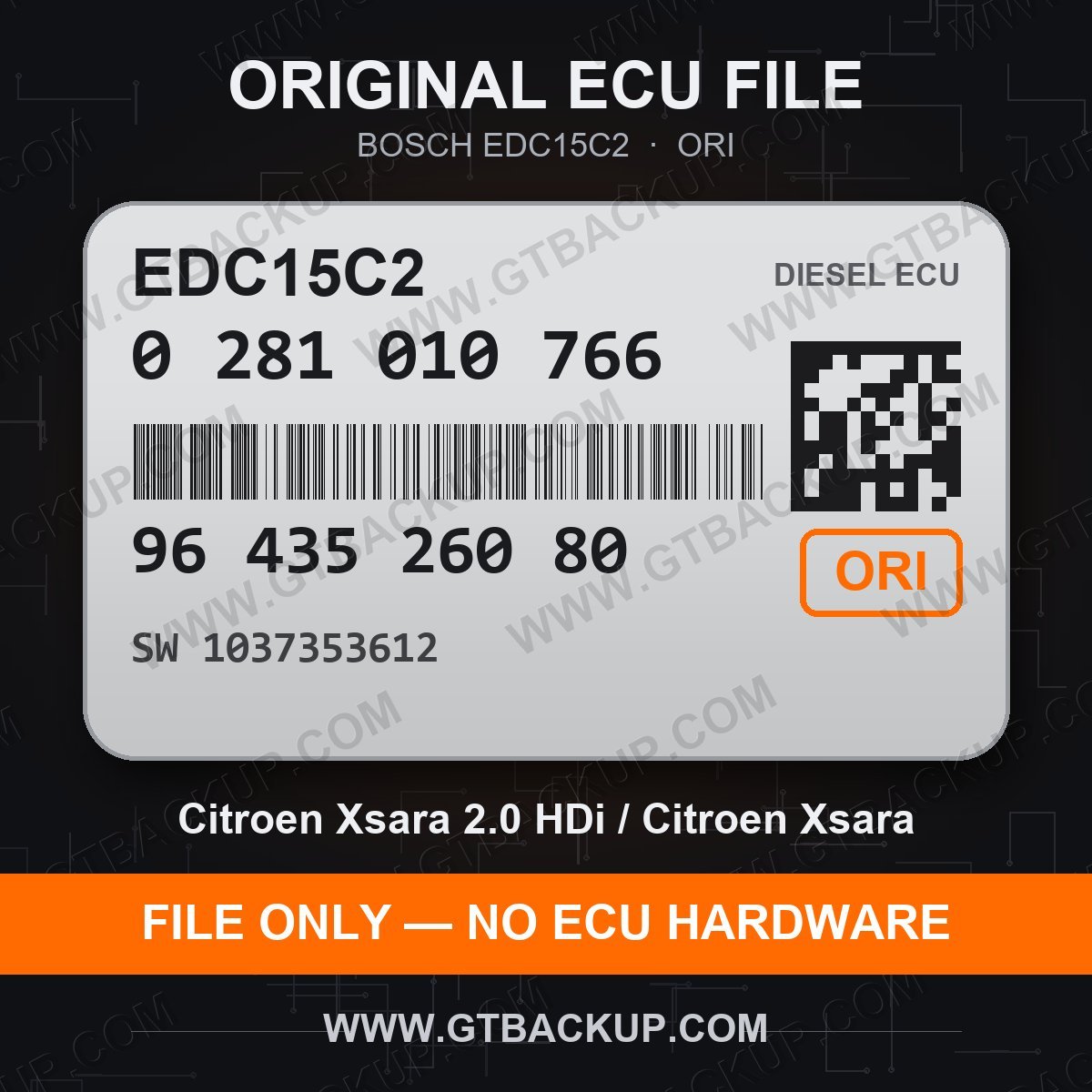 EDC15C2 0281010766 1037353612 ORI – Bosch ECU label, PSA 9643526080 – Citroën Xsara 2.0 HDi