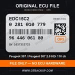 EDC15C2 0281010779 1037353725 ORI – Bosch ECU label, PSA 9644606180 – Peugeot 307 2.0 HDi