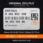 EDC15C2 0281011340 1037364447 ORI – Bosch ECU label, PSA 9649158380 – Citroën C5 2.0 HDi