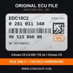 EDC15C2 0281011340 1037368212 ORI – Bosch ECU label, PSA 9652386080 – Citroën C5 2.0 HDi