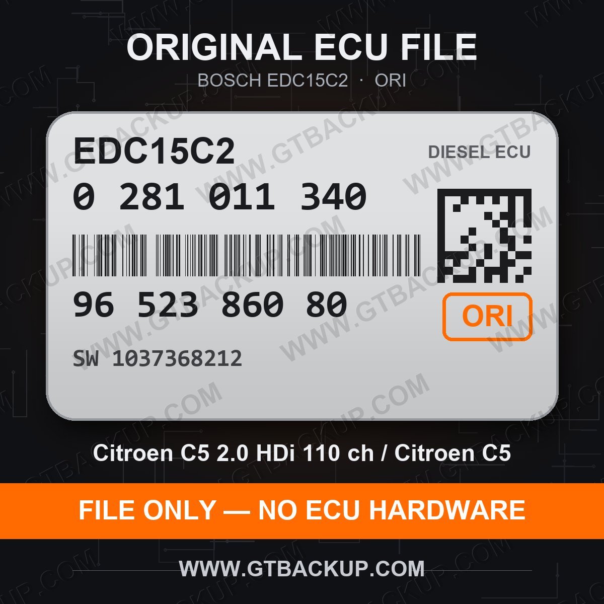 EDC15C2 0281011340 1037368212 ORI – Bosch ECU label, PSA 9652386080 – Citroën C5 2.0 HDi