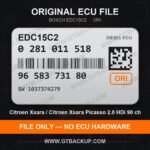 EDC15C2 0281011518 1037374279 – Bosch ECU label, PSA 9658373180 – Citroën Xsara Picasso 2.0 HDi