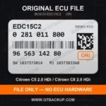 EDC15C2 0281011800 1037372014 1037383360 – Bosch ECU label, PSA 9656314280 – Citroën C5 2.0 HDi