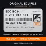 Bosch EDC16C34 ECU label 0281012523 9664843480 SW 1037386170 upgrade 1037393450 – Citroën C3 1.4 HDi