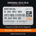 Bosch EDC16C34 ECU label 0281012985 9661204380 SW 1037379394 upgrade 1037386115 – Citroën C4 1.6 HDi