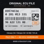 Bosch EDC16C34 ECU label 0281013331 9662213180 SW 1037380086 upgrade 1037381871 – Citroën C4 1.6 HDi