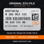 Bosch EDC16C34 ECU label 0281013331 9662213180 SW 1037380086 upgrade 1037386114 – Citroën C4 1.6 HDi