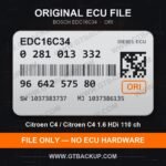Bosch EDC16C34 ECU label 0281013332 9664257580 SW 1037383737 upgrade 1037386135 – Citroën C4 1.6 HDi