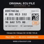 Bosch EDC16C34 ECU label 0281013332 9664257580 SW 1037383737 upgrade 1037389505 – Citroën C4 1.6 HDi