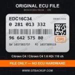 Bosch EDC16C34 ECU label 0281013332 9664257580 SW 1037383737 upgrade 1037389519 – Citroën C4 1.6 HDi