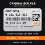 Bosch EDC16C34 ECU label 0281013332 9664257580 SW 1037383737 upgrade 1037501001 – Citroën C4 1.6 HDi