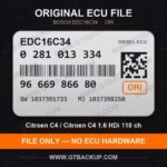 Bosch EDC16C34 ECU label 0281013334 9666986680 SW 1037391733 upgrade 1037398250 – Citroën C4 1.6 HDi