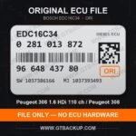 Bosch EDC16C34 ECU label 0281013872 9664843780 SW 1037386166 upgrade 1037393493 – Peugeot 308 1.6 HDi