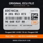 Bosch EDC16C34 ECU label 0281013872 9664843780 SW 1037386166 upgrade 1037398246 – Peugeot 308 1.6 HDi