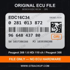 Bosch EDC16C34 ECU label 0281013872 9664843780 SW 1037386166 upgrade 1039398208 – Peugeot 308 1.6 HDi